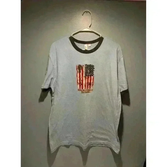 American Apparel Virginia Beach Short Sleeve Blue Shirt Large Flag Patriotic - Picture 1 of 4